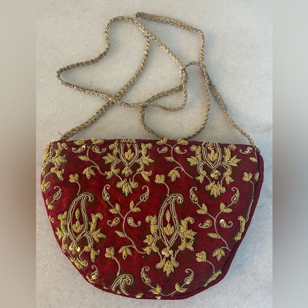 Vintage beautiful delicate bridal banarsi embroidered red and gold pouch/bag.